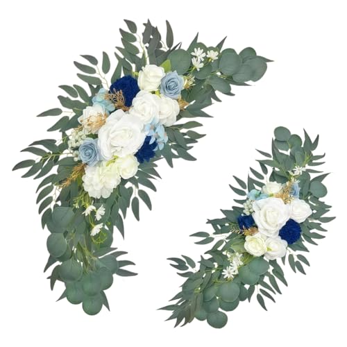 Wedding Arch Flowers 2 Pack, Artificial White Roses and Greenery Swag for Welcome Sign Decorations, Ceremony Backdrop - color: Blue