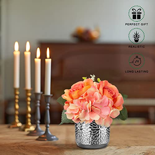 Fake Flowers Artificial Flowers Coral Orange Faux Flowers with Vase Silk Hydrangea & Rose Flower Arrangements in Ceramic Pots Centerpieces for Home Decor Tables Bathroom Kitchen Wedding Decorations - color: Charm Orange