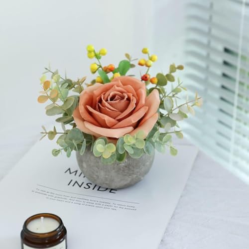 Small Artificial 2pcs Orange Rose Potted Plant, 6" Fake Silk Flowers in 3.5" Round Pot, Mini Faux Floral Arrangement for Desk Shelf Bathroom Decor - color: 2pcs Orange