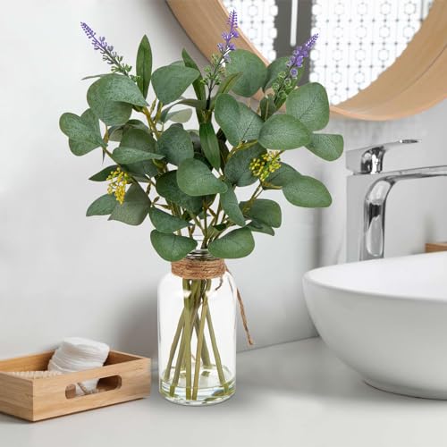Briful Artificial Eucalyptus Stems in Glass Vase with Faux Water, 14" Fake Plant Eucalyptus with Lavender for Home Office Farmhouse Wedding Centerpiece Bathroom Décor - color: Seagreen