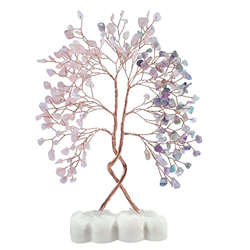 mookaitedecor Natural Rose Quartz & Fluorite Crystal Tree with Double Heart Rock Quartz Crystal Cluster Stone Base Bonsai Money Tree of Life Home Wedding Decoration - color: Pink & Multicolor
