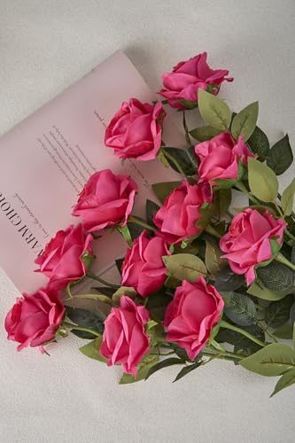 Laelfe 12 PCS Artificial Flowers Hot Pink Roses Silk Flowers Fake Long Stem Artificial Fuchsia Roses for Home Wedding Bathroom Kitchen Decorations (Hot Pink) - color: Hotpink