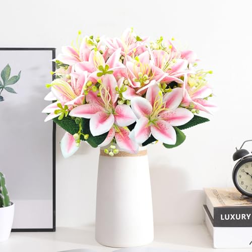 4 Bundles Artificial Tiger Lily Silk Flowers Faux Fake Lilies Plants for Wedding Bouquet Home Party Indoor Table Hotel Office Vases Floral Arrangements Outdoor Garden Decor (Pink) - color: Pink