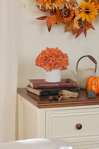 Artificial Hydrangea Flowers in Vase, Fake Flowers with White Ceramic Vase Small Faux Pot Floral Arrangement for Home Desktop plant Kitchen Bathroom Coffee Table Centerpiece Decor (Burnt Orange) - color: Hydrangea, Burnt Orange