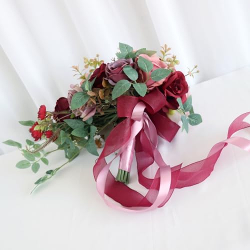 9.1 Inch Cascading Bridal Bouquet Waterfall Cascade Bridal Wedding Bouquet for Bride with Artificial Rose Flower Ribbon Rustic Burgundy Mauve and Pink - color: Burgundy, Mauve & Pink