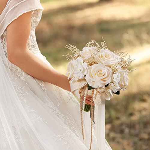 LEIFENY Artificial Plant, 1 Champagne White Rose Bridal Bouquet, 8.6 x 10.2 x 8.6 inches, Wedding Bouquets for Bride, Bridesmaid Bouquets with Silk Ribbon, Decoration - color: Champagne White