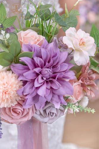 TINGE TIME Artificial 9 Inch Bridal Bouquet,Violet&Mistyrose Flower Bouquet with Roses for Bride, Bridal Tossing Bouquet for Wedding Ceremony Anniversary Bridal Showers Wedding Church Decoration - color: Violet & Misty Rose