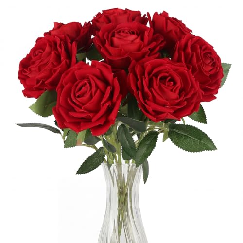 8Pcs Large Velvet Artificial Red Roses, Realistic Red Rose Flowers with Long Stems, 25.6 “ Faux Roses for DIY Wedding Bouquet, Valentine's Party Table Centerpiece, Home Bridal Decorations - color: Red