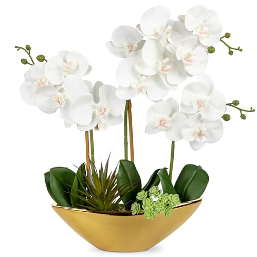 Briful Orchid Artificial Flowers 17in White Fake Orchid Silk Flowers with Gold Ceramic Pot Faux Orchid Arrangement for Home Office Room Coffee Table Centerpiece Modern Decoration - color: White Gold#2