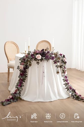 Ling's moment 9FT Flower Garland for Backdrop Decorations - Wedding Arch Flowers, Eucalyptus & Rose, Artificial Floral Garland for Mantle - Sweetheart Table Decor for Beach Reception, Purple - color: Prpl-deep Plum