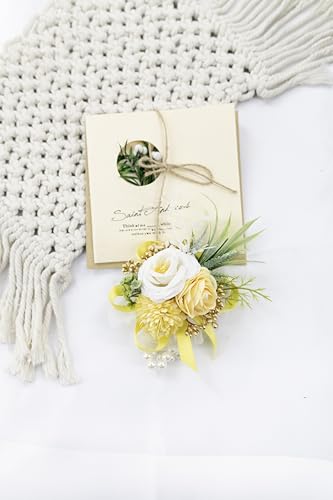 Ansofi Yellow Corsage and Boutonniere Set Artificial Rose Flower Wrist Corsage and Boutineers for Groom Groomsmen Bride Bridesmaids Prom Rustic Vintage Wedding Decor - color: Yellow