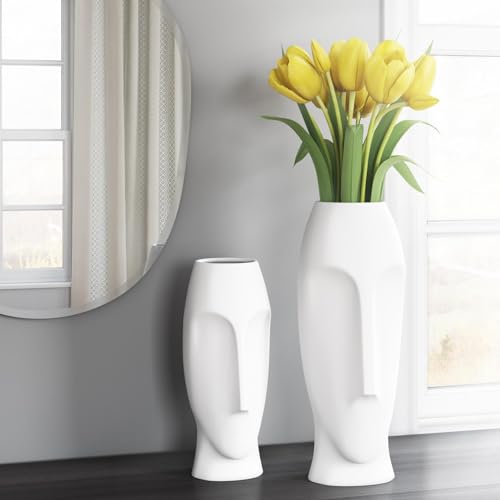 Howard Elliott Collection Matte White Abstract Faces Ceramic Floor Vase Set, 2 Piece (Tall and Small), Decoration for Home, Office, Living Room, Hallway, Entryway or Any Room, Ideal Gift for Wedding