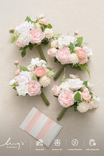 Ling's moment Artificial Bridesmaid Bouquets Set of 4,Pink Wedding Flower Bouquets Blush & Cream Floral Bouquet White Rose Bridal Bouquets with Ribbon,Ceremony,Anniversary,7-inch Diameter - color: Pk-blush & Cream