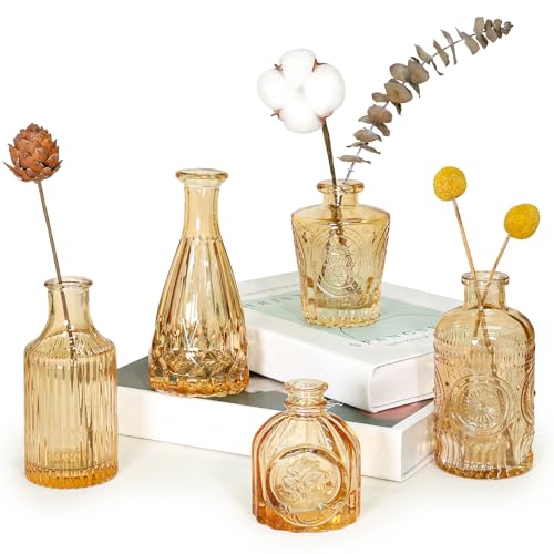 SUPMIND Glass Bud Vase Set of 5, Gold Amber Small Flower Vases for Centerpieces in Bulk, Mini Vintage Vase for Rustic Wedding, Home,Table Decoration - color: Gold Amber, size: 5Pcs