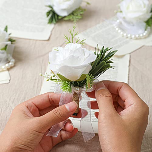 Garisey 4pcs White Rose Boutonniere for Men Artificial Rose Flower for Wedding Flowers Ceremony Prom Flower (4 Boutonniere) - color: 4 Boutonniere