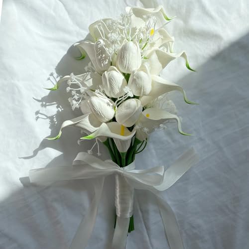 Wedding Bouquets for Bride Bridal Bouquets Artificial Tulips Calla Lily Babys Breath Flowers Bouquet for Wedding Gifts Home Decoration (White) - color: White