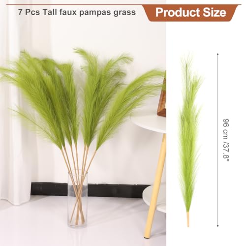 PATIKIL 37.8in Tall Pampas Grass Decor, 7pcs Large Artificial Pampas Grass Bulk Long Fluffy Faux Pampas Grass Dried for Home Boho Decor Vase Wedding Wall Ground, Green - color: Green