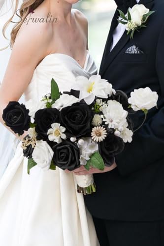 Serwalin Black Artificial Flowers and White Deluxe Combo Box Set, Daisy Fake Flower for DIY Wedding Bridal Bouquet, Centerpieces Decor, Floral Arrangement Decor, etc. - color: Agate Black and White, size: 1 Box