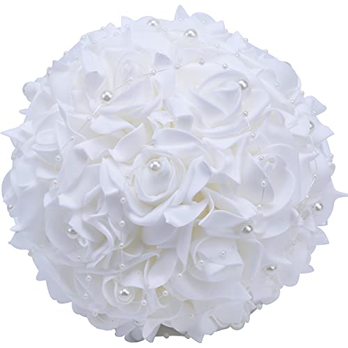 Wedding Bouquets for Brides or Bridesmaids Pearl Embellishment Roses Bridal Bridesmaid Wedding Hand Bouquet Artificial Fake Flowers.(White) - color: White1