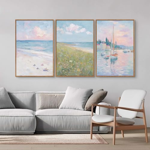 Rantodecor Impressionist Framed Canvas Wall Art, Vintage Italy Coastal Sailboat Wall Decor, Light Blue and White Posters Art Prints, Pastel Beach House Artwork for Bedroom Living Room Office 16"x24"x3 - color: Impressionist, size: 24"x16"