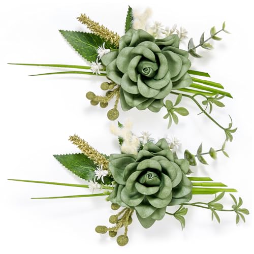 Serwalin 2 Pcs Boutonniere, 6-7 Inch Green Corsage for Wedding, Boutonniere for Men Groom and Best Man Prom Ceremony Anniversary Party Suit - color: Green, size: Boutonniere-2pcs