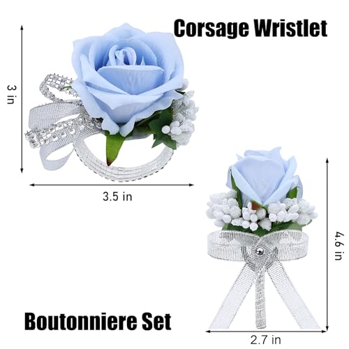 2Pcs Light Blue Rose Corsage and Boutonniere Set, Artificial Wrist Corsage Wristlet Bracelets, Men Boutonniere for Wedding Party Homecoming Formal Dinner Flowers Accessories Prom Suit Decor - color: Light Blue