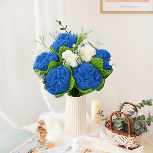 Foyucool Crochet Flowers Bouquet, Handmade Knitted Rose Bouquet with Gift Bag for Home Deocor, Crocheted Finished Flower for Wedding, Mother's Day, Teachers' Day and Valentine's Day, Blue - color: Blue