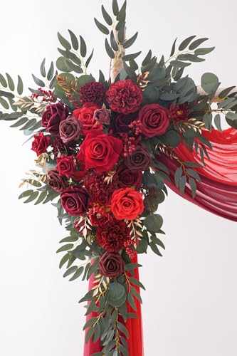 Deluxe Wedding Arch Flowers with Drapes Kit Pack of 4, 2pcs Burgundy & Red Hanging Silk Flowers Arrangement 2pcs Chiffon Drapes for Ceremony Arbor Party Outdoor Decor - color: Burgundy & Red