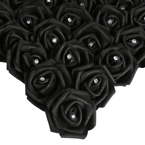 IPOPU 100pcs Black Rose Artificial Flower Heads Bulk with Crystal 3in Real Looking Foam Fake Roses Faux Flowers for DIY Craft Wedding Bouquets Arrangements Party Table Home Decorations(Black) - color: Black With Crystal