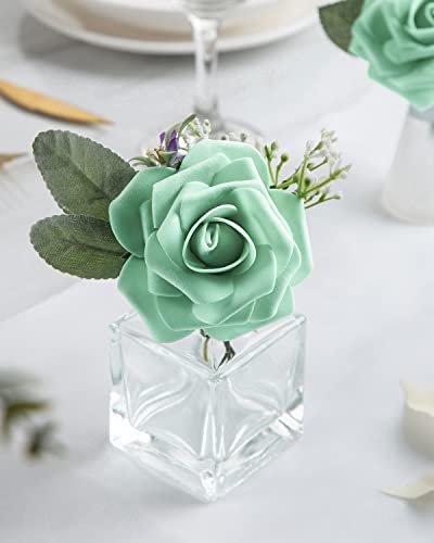 DuHouse 25Pcs Artificial Roses Flowers Fake Roses with Stems Real Touch Foam Flowers for DIY Wedding Bouquet Centerpiece Floral Arrangement Party Home Decor(Mint Green) - color: Mint Green, size: 25pcs