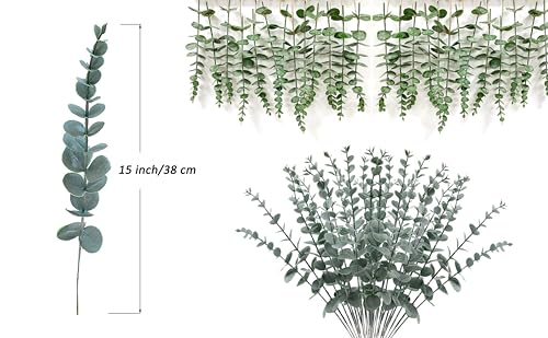 ABAJI Plastic Eucalyptus Green Spraying Frost Stems 12 Fake Faux Decorations Artificial Leaves Greenery Plant Leaf Home Office House Table Desk Decor Wedding Party Vase Forever Live - color: Green