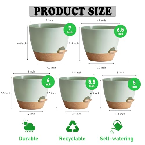 Self Watering Plant Pots with Drainage & Saucers, 5-Pack 7/6.5/6/5.5/5 in - Plastic Flower Pots for Indoor Plants, Succulents & Herbs, Planters for Indoor Outdoor & Balcony (Green) - color: Green