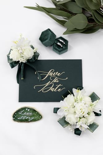 White Rose Corsage and Boutonniere Set, Prom Flower Wrist Corsage Wristlet Band Bracelet, Boutonniere for Men Dark Green Wedding Flowers Accessories Prom Suit Decorations - color: White & Dark Green