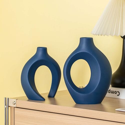 Levvohd Snuggle Hollow Ceramic Vase Set of 2, 8.4 inch Modern Nordic Coastal Shaped Pampas Grass Aesthetic Decorative Table Vases for Home Decor (Matte Navy Blue - M) - color: Matte Navy Blue - M