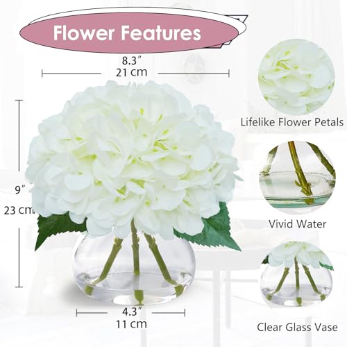 Big Petals Hydrangea Artificial Flowers in Vase, White Silk Fake Flowers Silk Centerpiece Table Decorations for Dining Room,Coffee Table Decor,Wedding, Home with Faux Water Decor (New White) - color: New White