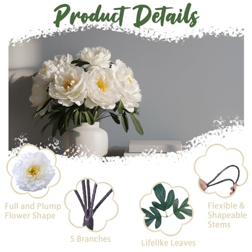 White Premium Silk Artificial Peonies, 2 Bouquets (10 Large 5.12" Heads), 13.78" Tall Fake Floral Arrangements for Wedding Centerpieces, Home Decor & Indoor Vase Display - color: White New