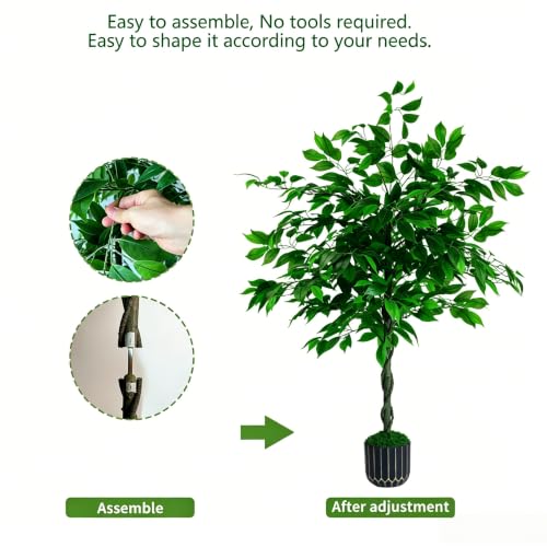Artificial Ficus Tree 4FT Tall, Artificial Plants Indoor with Black Planter Faux Ficus Tree Realistic Faux Silk Plant for Home Office Living Room, Porch, Garden Decor