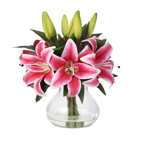 Artificial Tiger Lilies, 6 Stems Real Touch Silk Flowers with Glass Vase, 13 Inch Lifelike Fake Flowers for Home Decor, Wedding, Office, Table Centerpiece, Pink - color: Tiger Lily ,Pink
