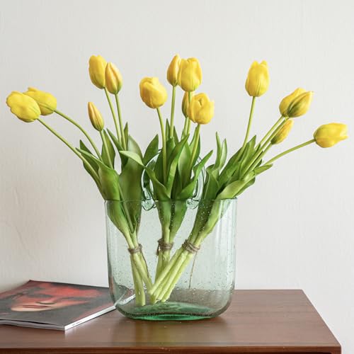 DUYONE 15pcs Artificial Tulips Flowers, Soft Touch Latex Bouquet, Fake Tulips for Office Wedding Party Home Kitchen Garden Decoration - color: 15pcs Yellow (No Vase)
