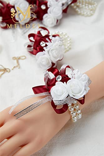 4pcs Burgundy Wedding Corsages Faux Silk Wine Red Rose for Women | for Wedding, Prom, Homecoming, and Evening Party, Wrist Corsages with Pearls for Brides, Bridesmaids, Mother of the Bride - color: 4pcs Wine Red Wrist Corsages