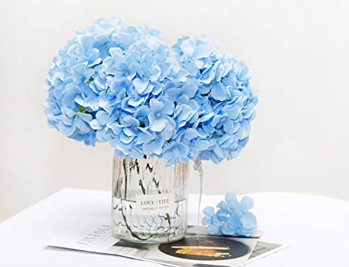 DuHouse Artificial Hydrangea Silk Flower Heads with Stem Fake Blue Hydrangea Bigger Flowers for Wedding Home Garden Centerpiece Pack of 6 - color: Blue