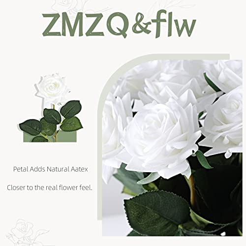 ZMZQ&flw White Roses Artificial Flowers 12PCS, Real Touch Silk Flowers, Realistic Single Fake Flower with Stems Leaves for Wedding Table Bouquet Home Decor - color: White 12pcs