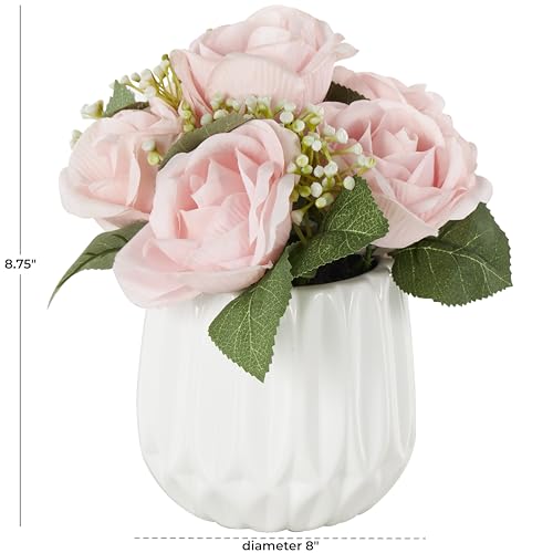 Deco 79 Fabric Artificial Flower with Green Leaves and Round Ceramic Vase, 8" x 8" x 9", Pink - color: Pink, size: 8" x 8" x 9"