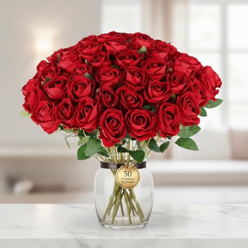 Jasion 50PCS Artificial Roses Realistic Velvet Silk Faux Flowers Bouquet for Mother's Day Wedding Home Party Table Centerpieces Decoration (Red) - color: Red 50pcs