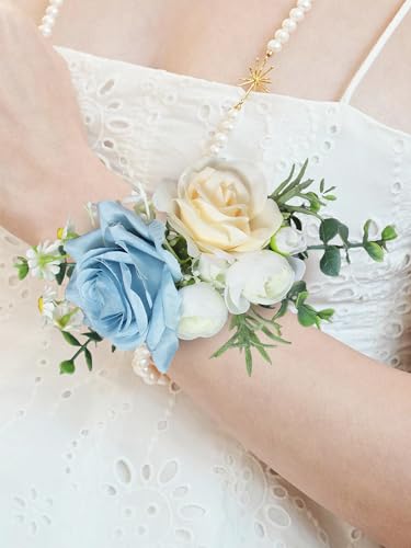Rinlong 2Pcs Blue Champagne Wrist Corsage for Wedding, Prom, Homecoming | Bridesmaid, Mother of the Bride Corsage - color: 18-baby Blue