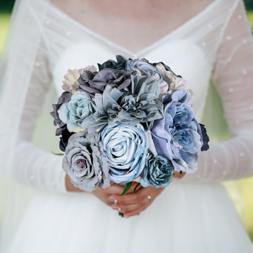 Artificial Flowers Dusty Blue Fake Flower Combo Set for DIY Wedding Bouquets, Faux Flowers with Stems for Table Centerpieces Cake Decorations Home Decor - color: Dusty Blue