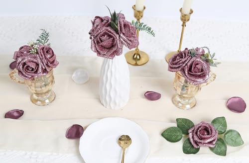 IPOPU Fake Roses,50PCS Rose Gold Flowers Artificial Glitter Roses with Stems for Crafts DIY Wedding Bouquet Home Party Decoration(Rose Gold) - color: 50pcs Rose Gold