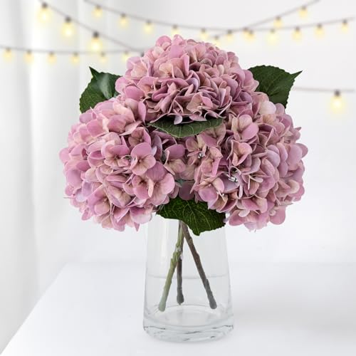 ZYTUYO 3PCS Pink Purple Hydrangea Artificial Flowers 20" Large Fake Latex Real Touch Hydrangeas Flowers with Stems Faux Silk Bouquet for Indoor Home Decor Table Wedding Party Floral Outdoor - color: Pink Purple