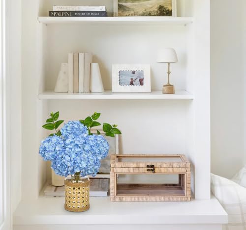 Hollyone Blue Hydrangea Artificial Flowers in Woven Glass Vase with Faux Water Silk Hydrangeas Fake Flowers Floral Arrangement for Home Indoor Bathroom Kitchen Office Table Centerpiece Shelf Decor - color: Blue-woven Vase