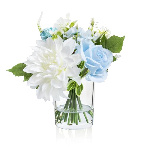WELL KNOWN Artificial Flowers in Glass Vase with Fake Water, Silk Rose Dahlia Peony Flower Bouquet for Home Dining Coffee Table Office Hotel Wedding Party Lavatory Decor & Birthday Gift (Blue & White) - color: Blue &White